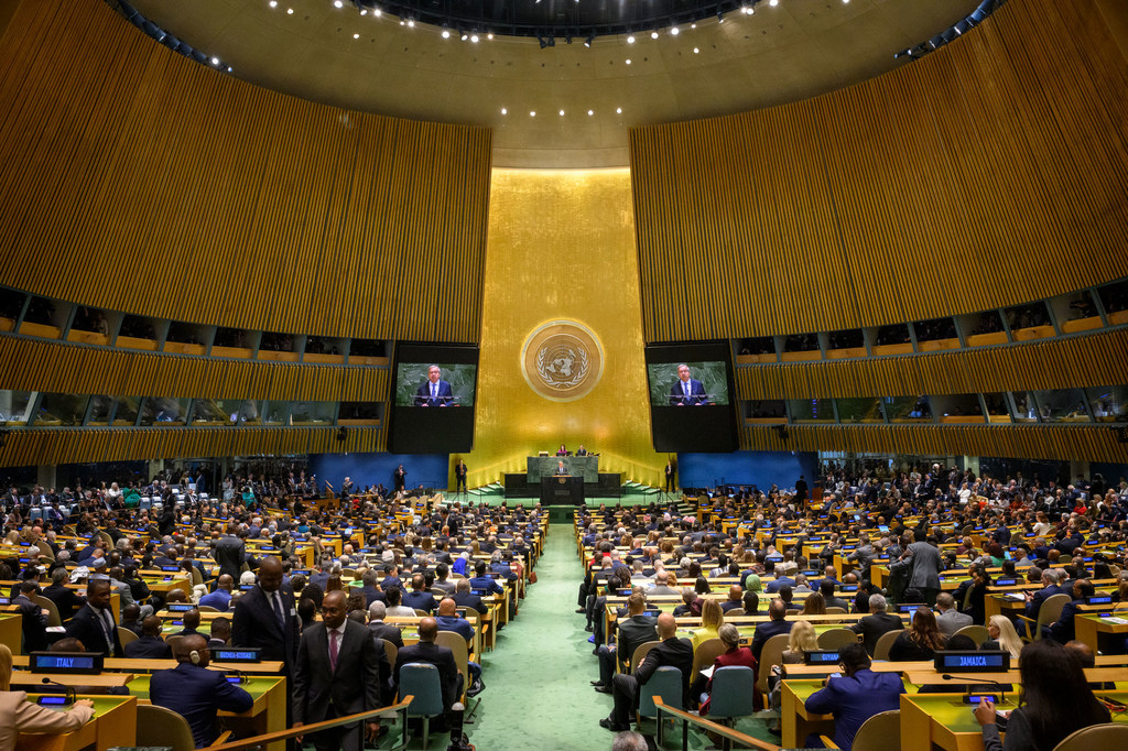 UN Secretary-General António Guterres (on screen) addresses the opening of the General Debate of the General Assembly’s 80th Session.